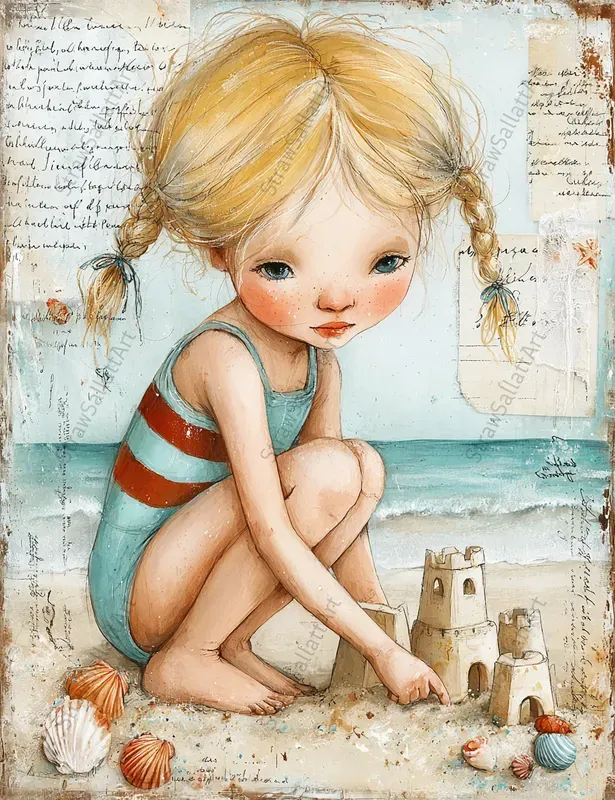Seaside Vacation Girls Junk Journal Art
