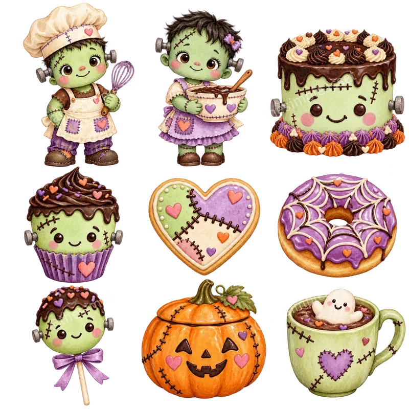 Cute Frankenstein Halloween Clipart Sets
