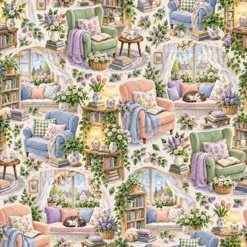 Cozy Reading Nook Seamless Patterns