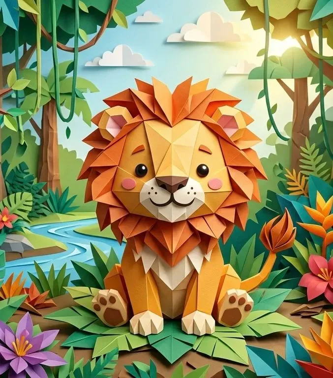 3D Origami Style Cute Baby Lions
