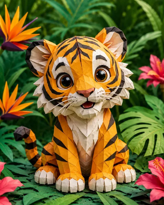 3D Origami Style Cute Baby Lions