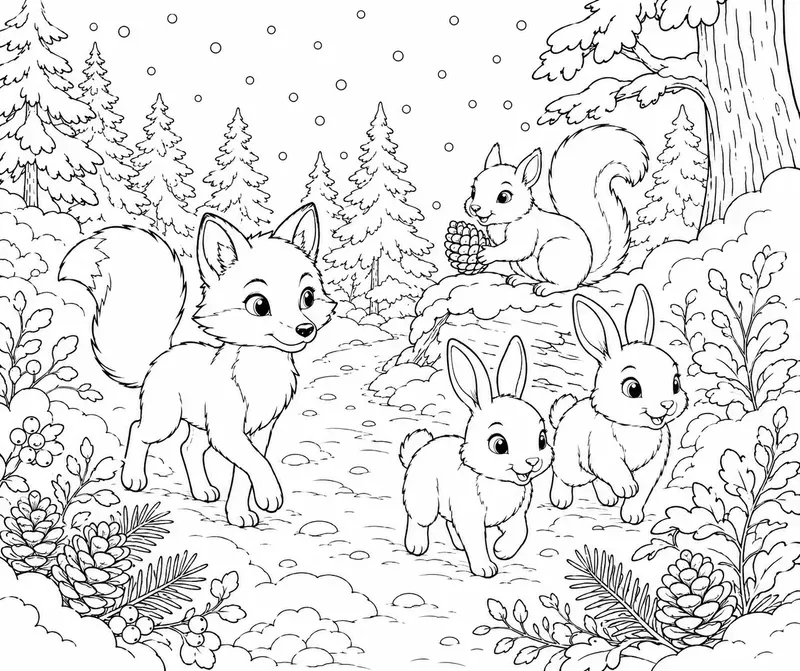 Cozy Winter Woodland Animals Line Art