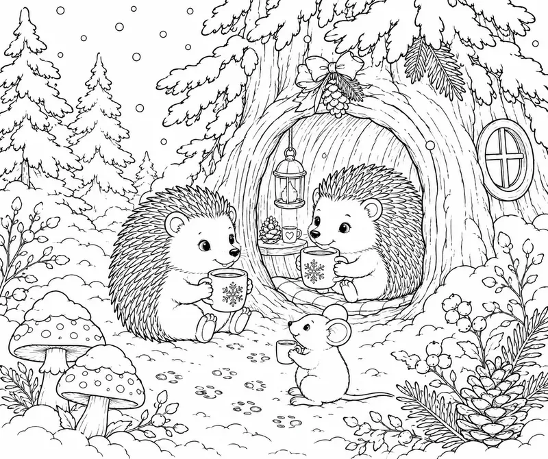 Cozy Winter Woodland Animals Line Art