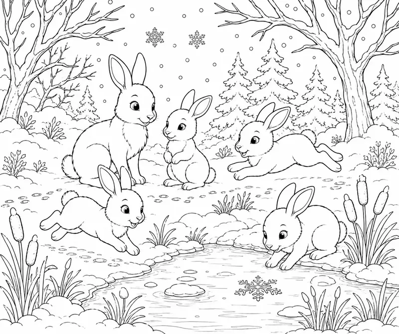 Cozy Winter Woodland Animals Line Art