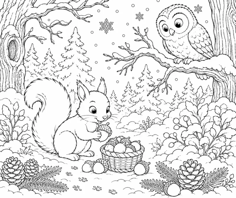Cozy Winter Woodland Animals Line Art