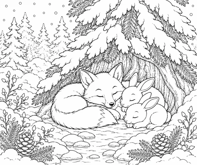 Cozy Winter Woodland Animals Line Art