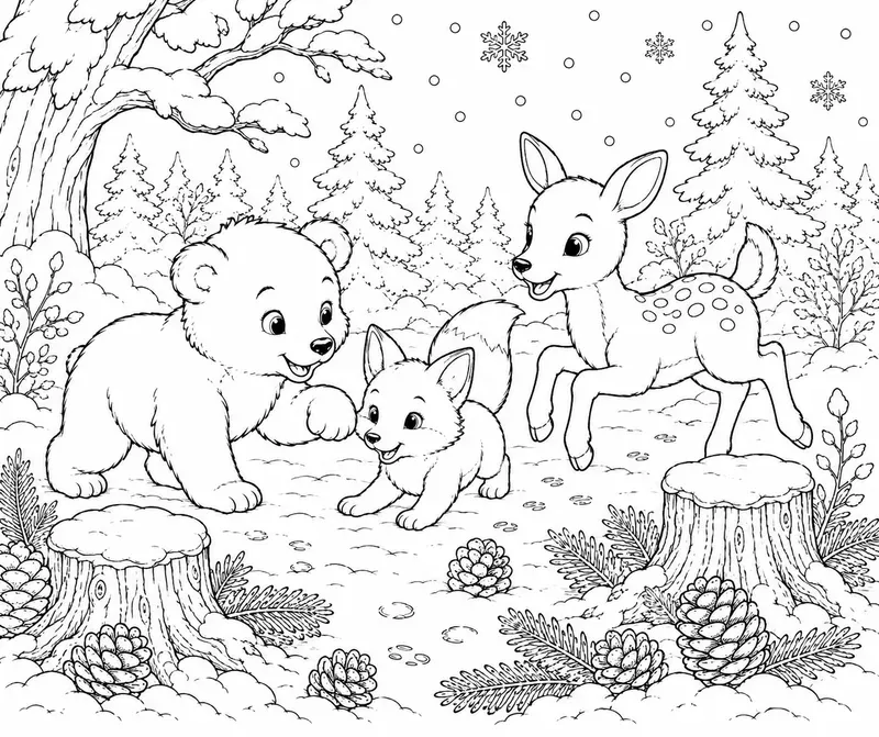 Cozy Winter Woodland Animals Line Art