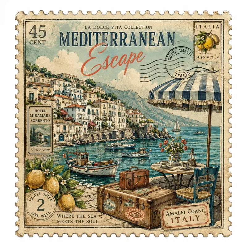 Vintage Travel Postcard Stamp Art