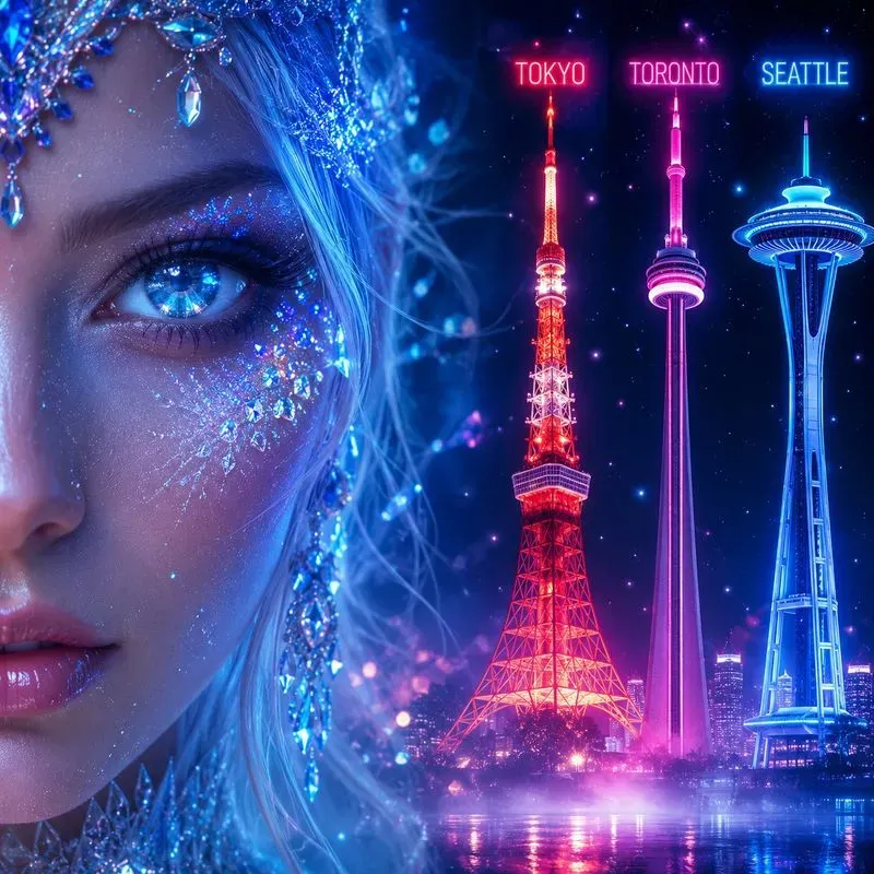 Neon City Landmark Portrait Fusions