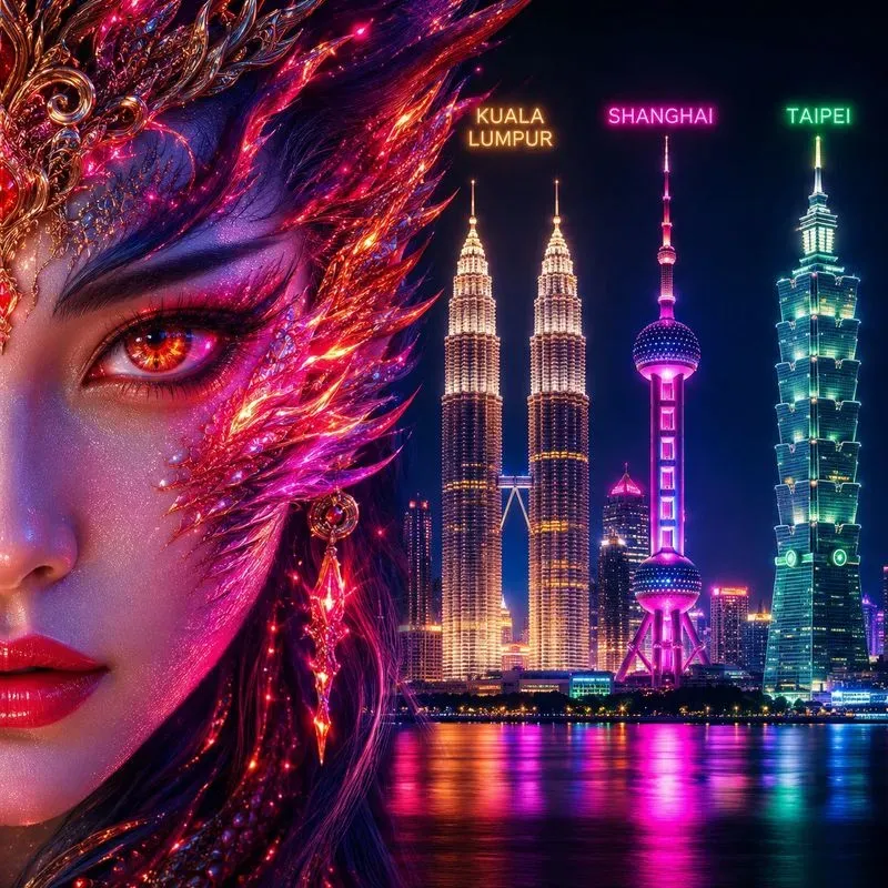 Neon City Landmark Portrait Fusions