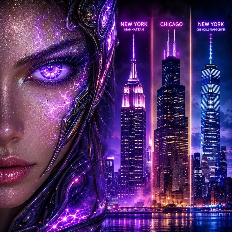Neon City Landmark Portrait Fusions