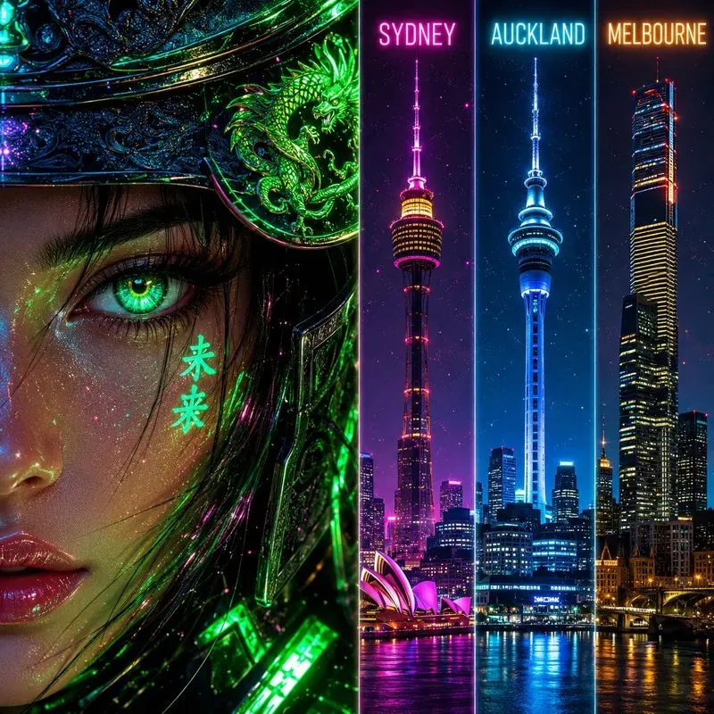 Neon City Landmark Portrait Fusions