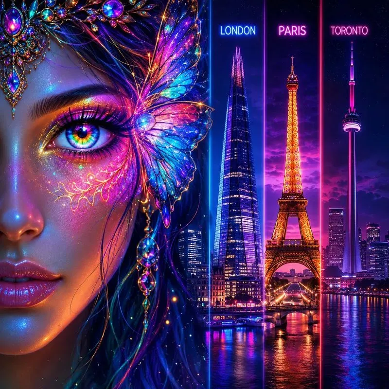 Neon City Landmark Portrait Fusions