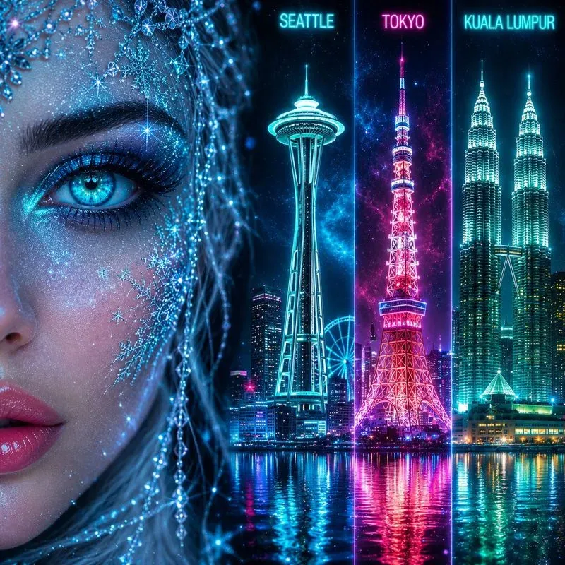 Neon City Landmark Portrait Fusions