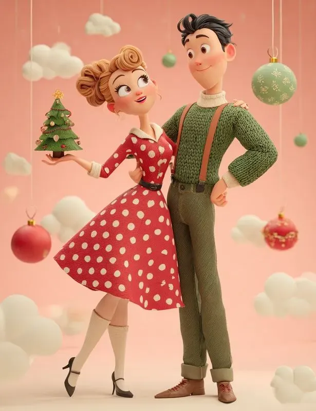 3D Vintage Christmas Couples Pastel