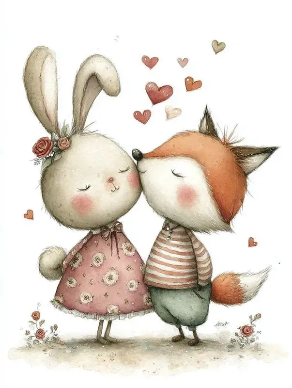 Cute Valentine Animal Watercolor Clipart