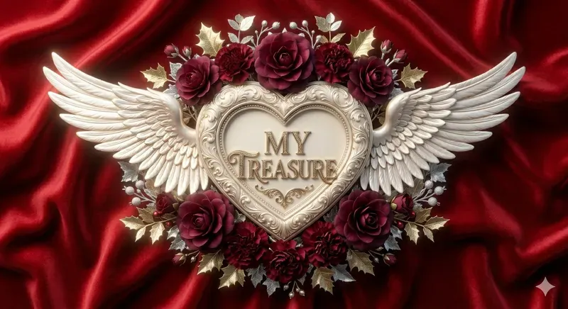 3D Luxury Heart Emblems Wings Flowers