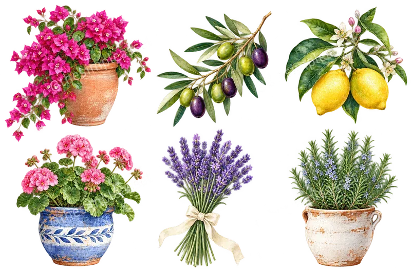 Santorini Watercolor Clipart Collections