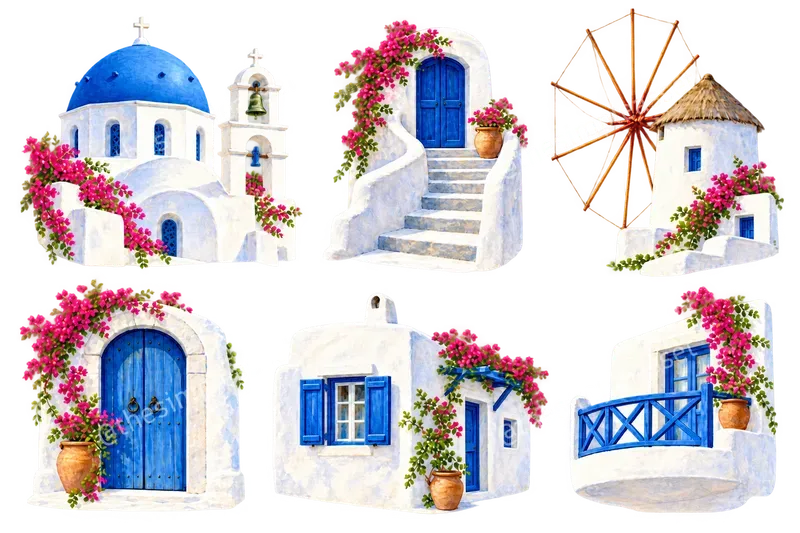 Santorini Watercolor Clipart Collections