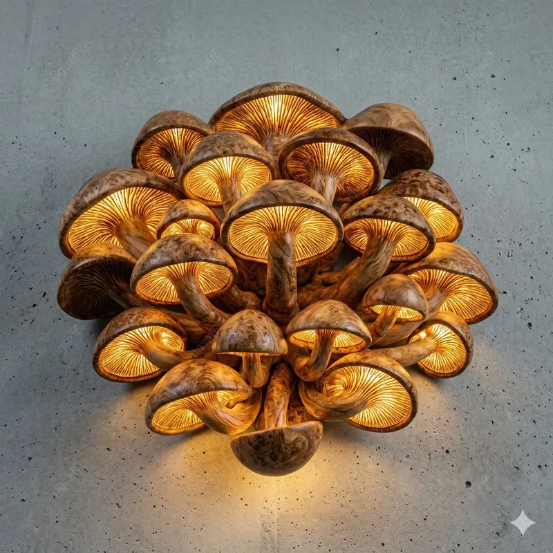 Macro Biomorphic Wood Mushroom Sconces