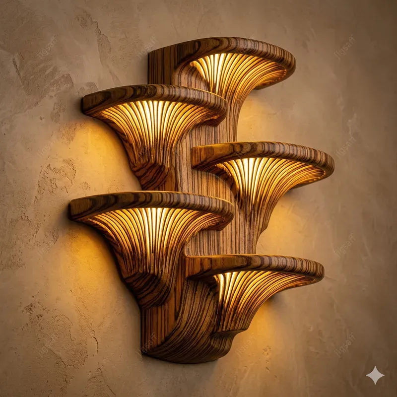 Macro Biomorphic Wood Mushroom Sconces
