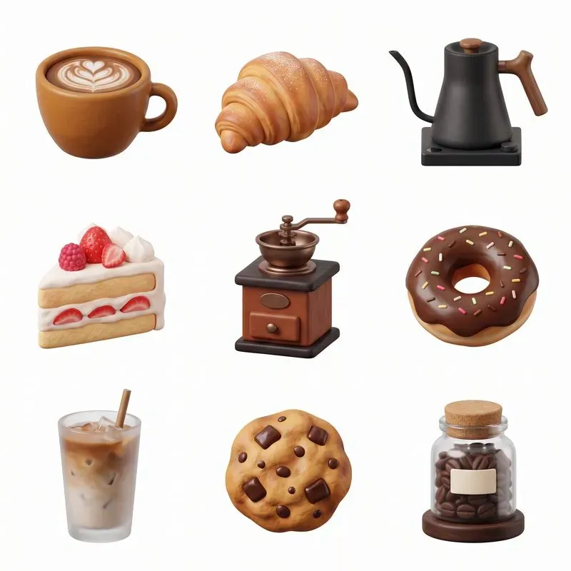 3D Clay Cozy Coffee Bakery 3x3 Icons