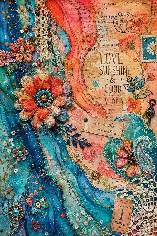 Hippie Pattern Flower Junk Journal Pages