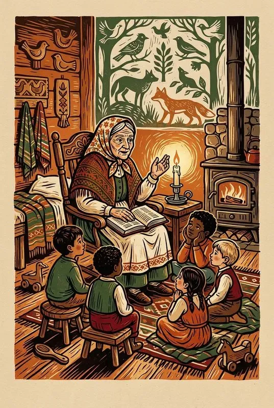 Folk Linocut Story Art