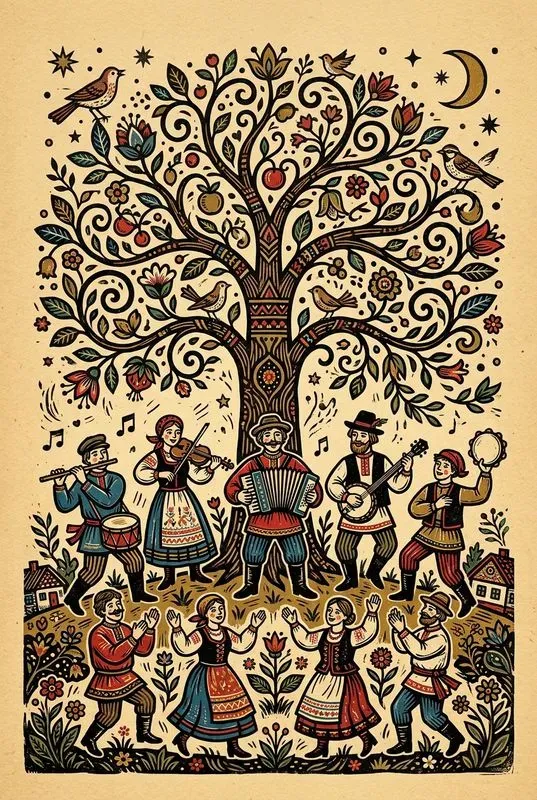Folk Linocut Story Art