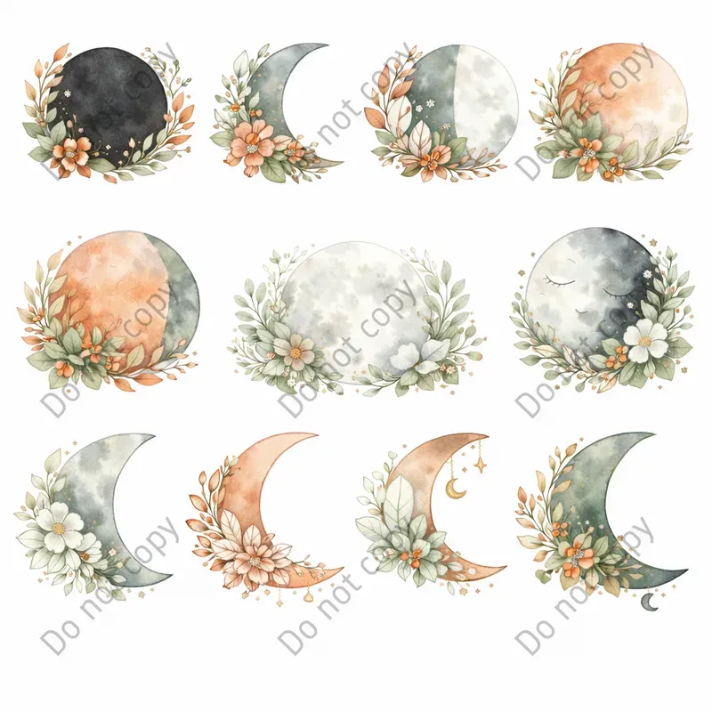 Watercolor Moon Phase Clipart Sets