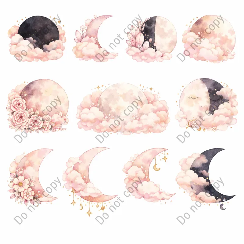 Watercolor Moon Phase Clipart Sets