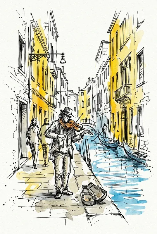 Vibrant Urban Ink Sketch Watercolor Art
