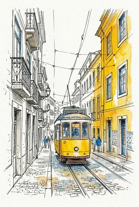 Vibrant Urban Ink Sketch Watercolor Art