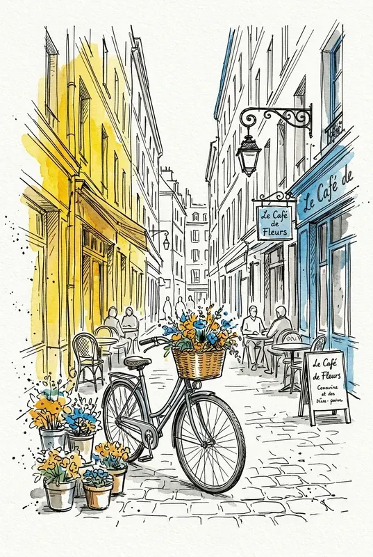 Vibrant Urban Ink Sketch Watercolor Art