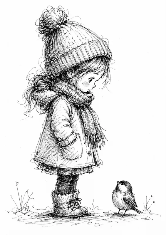 Whimsical Sketchy Winter Child Characters