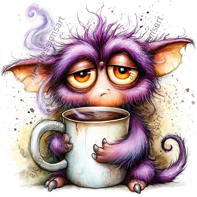 Coffee Monster Watercolor Caricatures