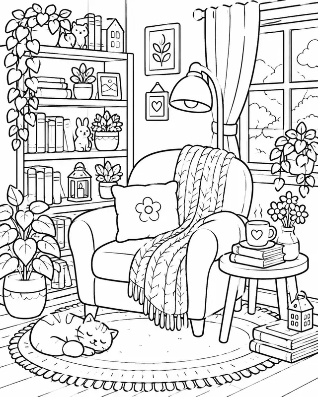 Cozy Interior Coloring Book Pages