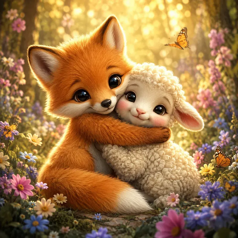 Whimsical Baby Animal Hug Portrait Art