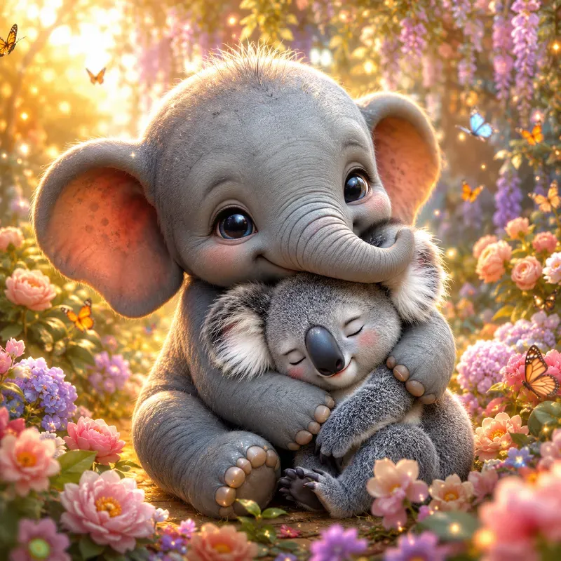 Whimsical Baby Animal Hug Portrait Art