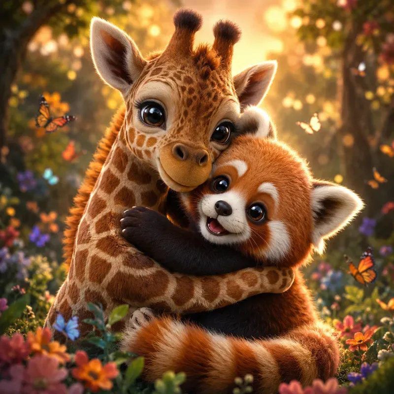 Whimsical Baby Animal Hug Portrait Art