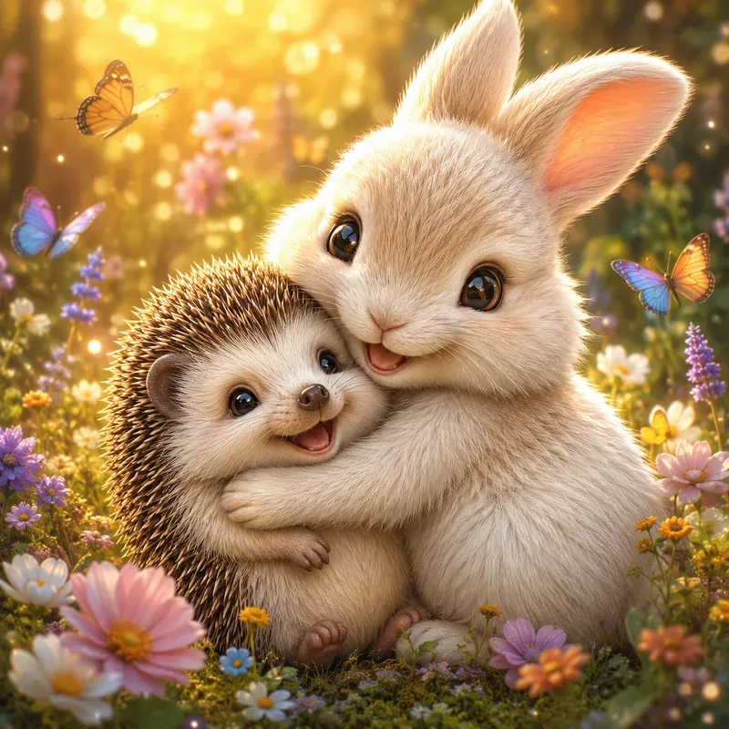 Whimsical Baby Animal Hug Portrait Art