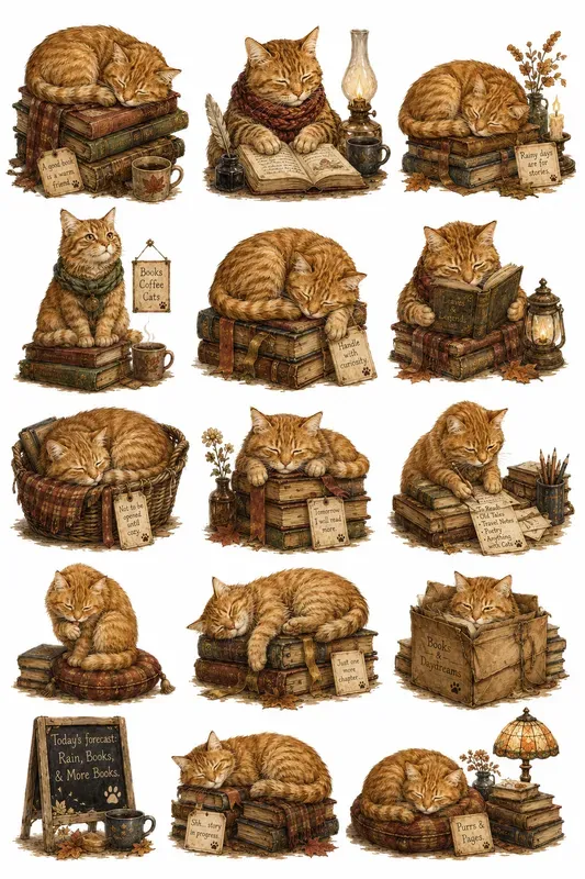 Cozy Cat Bookshop Character Cliparts