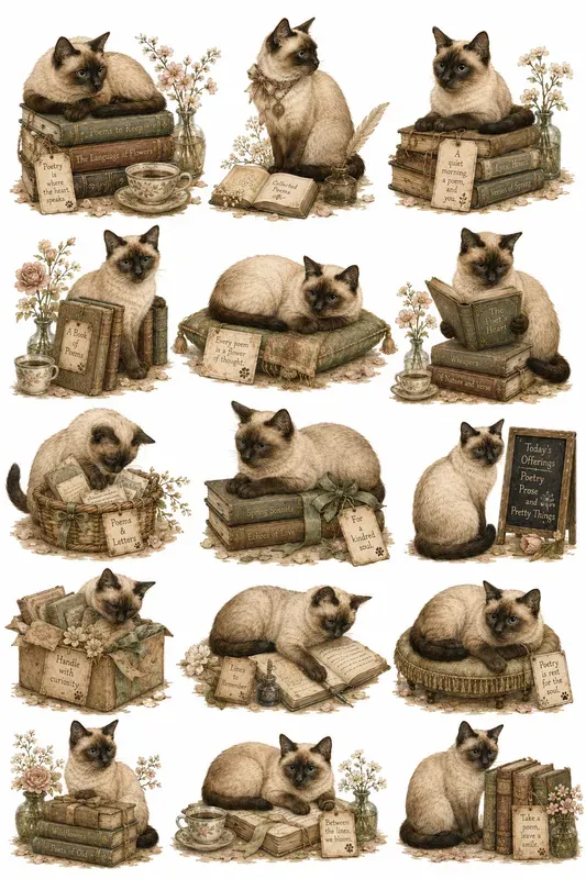 Cozy Cat Bookshop Character Cliparts