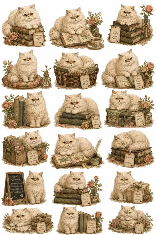 Cozy Cat Bookshop Character Cliparts