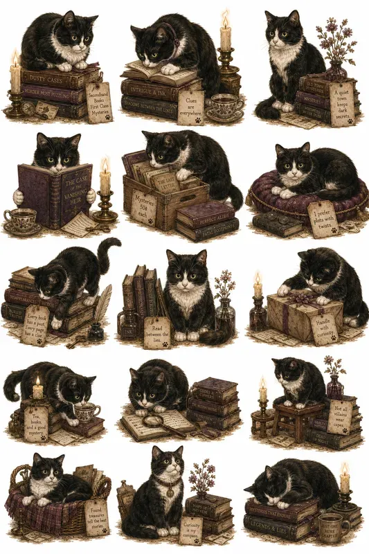 Cozy Cat Bookshop Character Cliparts
