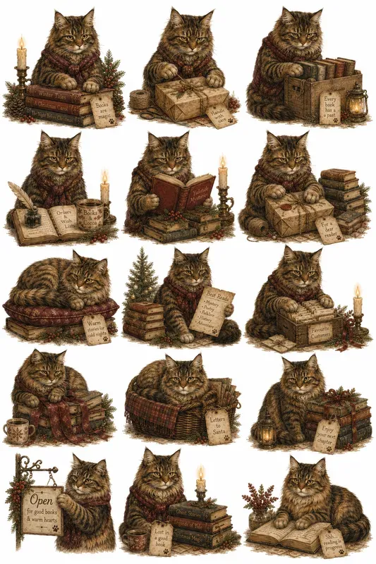 Cozy Cat Bookshop Character Cliparts
