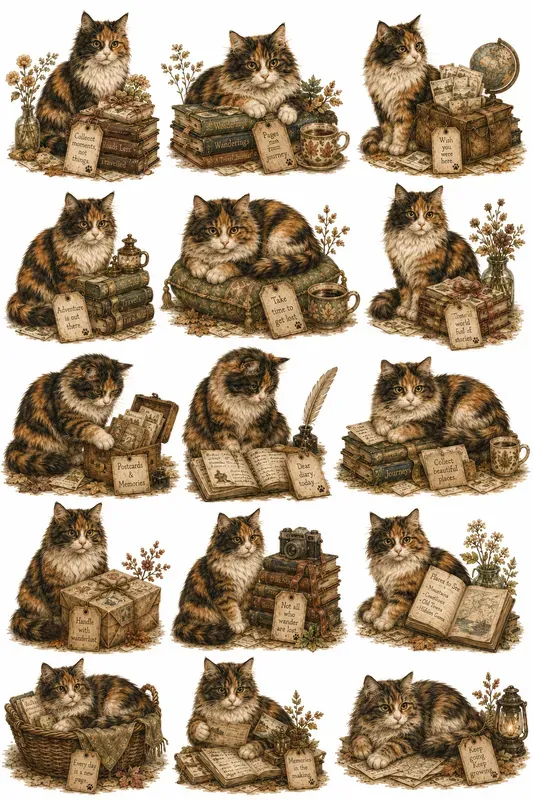 Cozy Cat Bookshop Character Cliparts