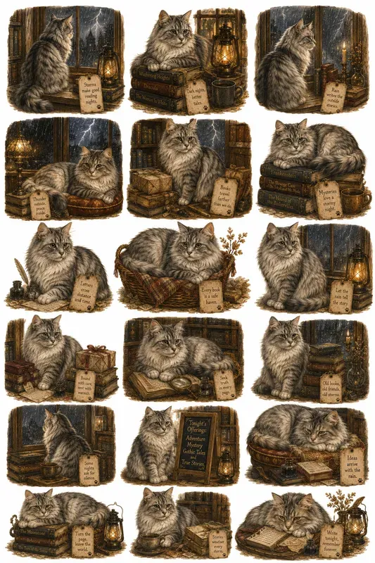 Cozy Cat Bookshop Character Cliparts