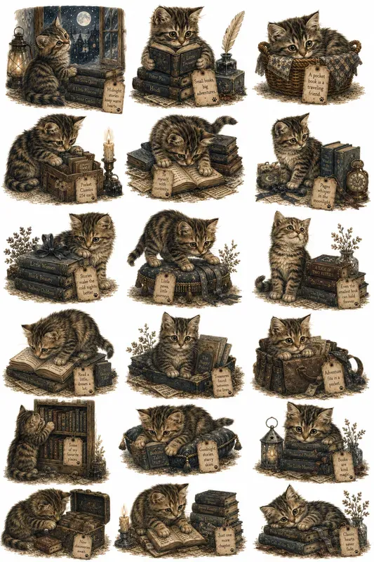 Cozy Cat Bookshop Character Cliparts