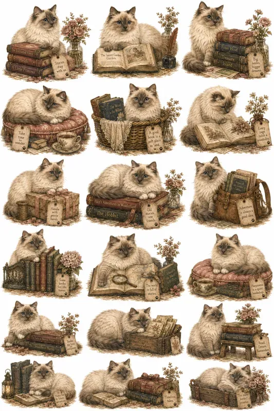 Cozy Cat Bookshop Character Cliparts